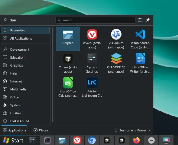 CachyOS menu and apps
